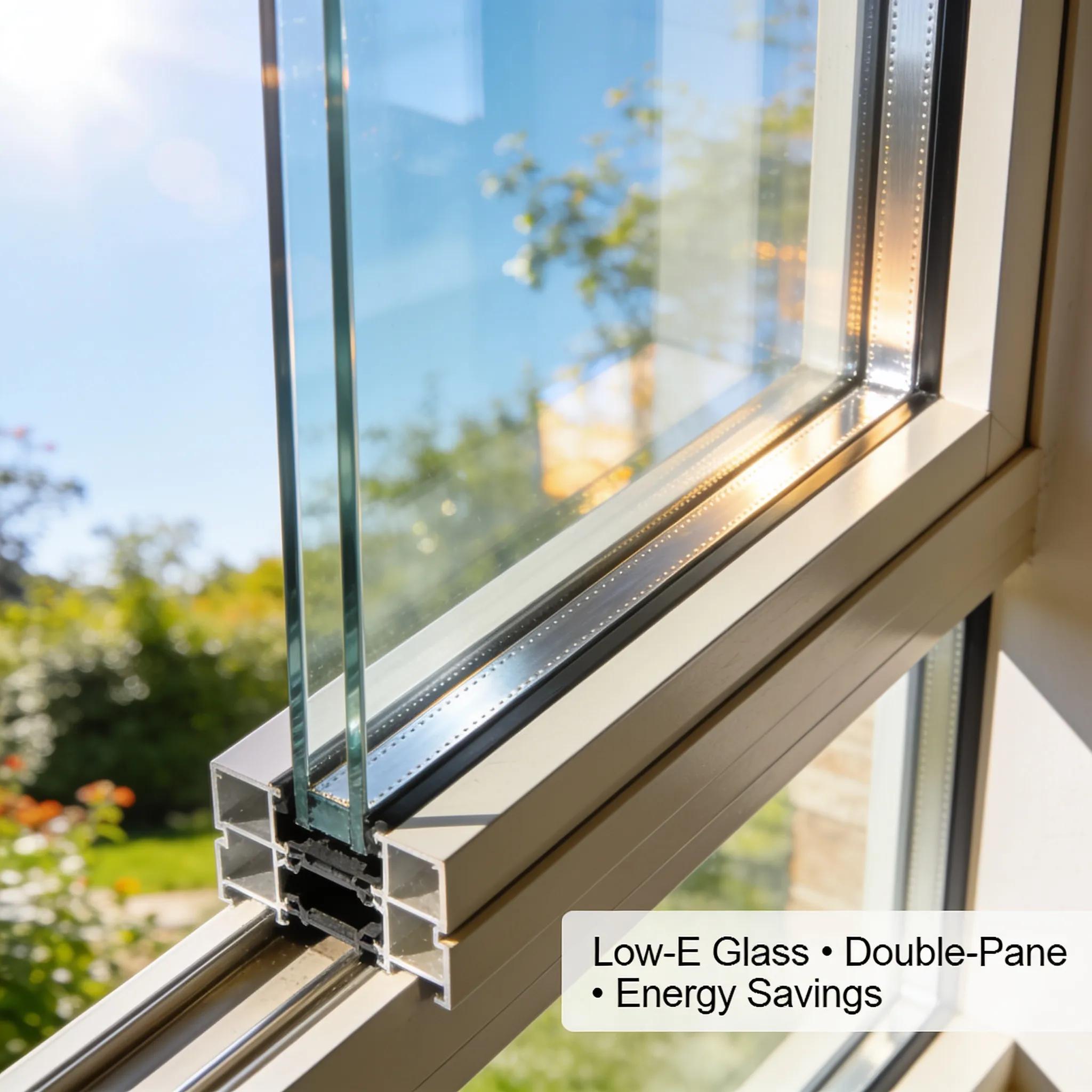 Close-up of energy-efficient windows featuring low-E glass and double-pane construction, symbolizing cost savings and comfort