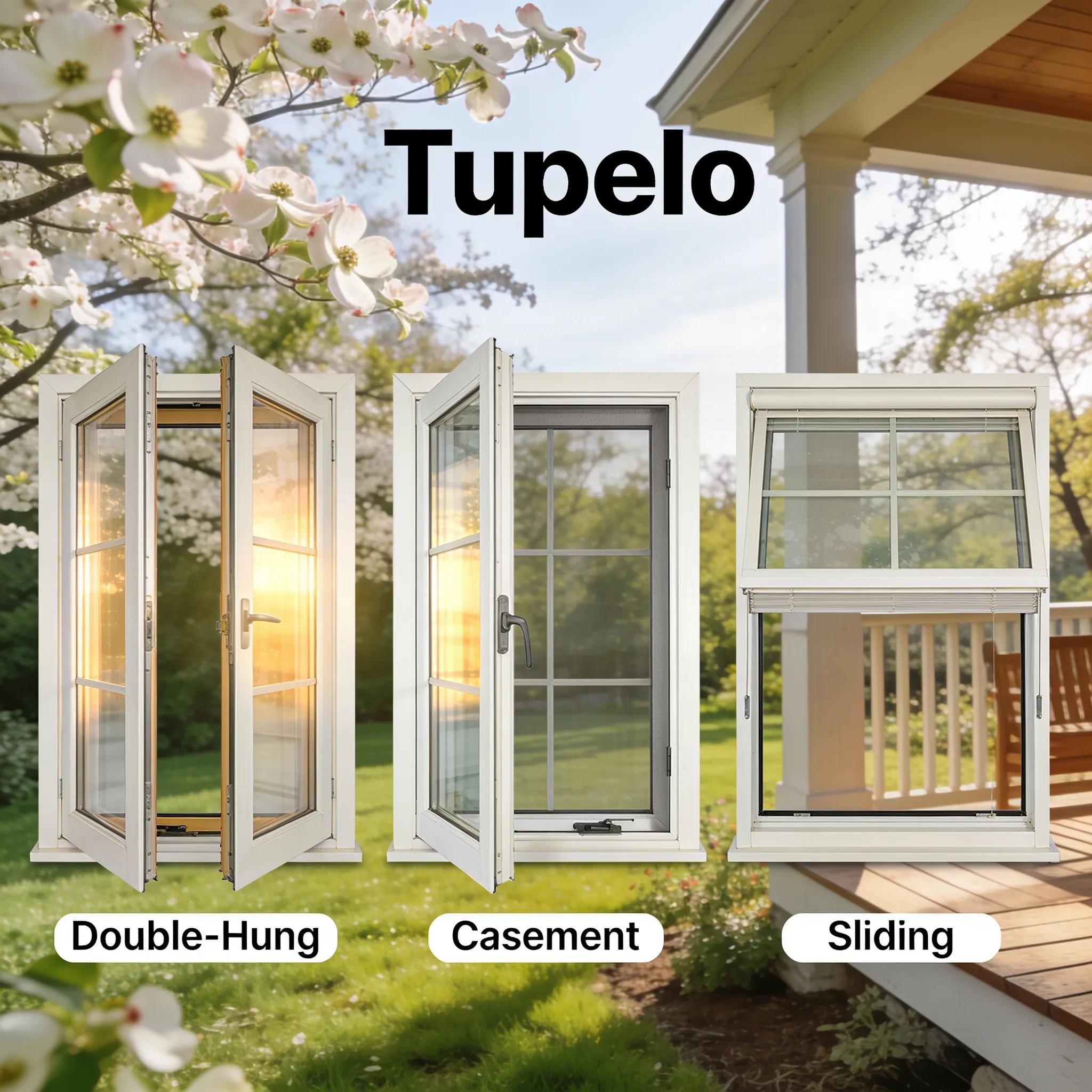 Various replacement window types including double-hung, casement, and sliding windows showcased outdoors, emphasizing aesthetics and functionality